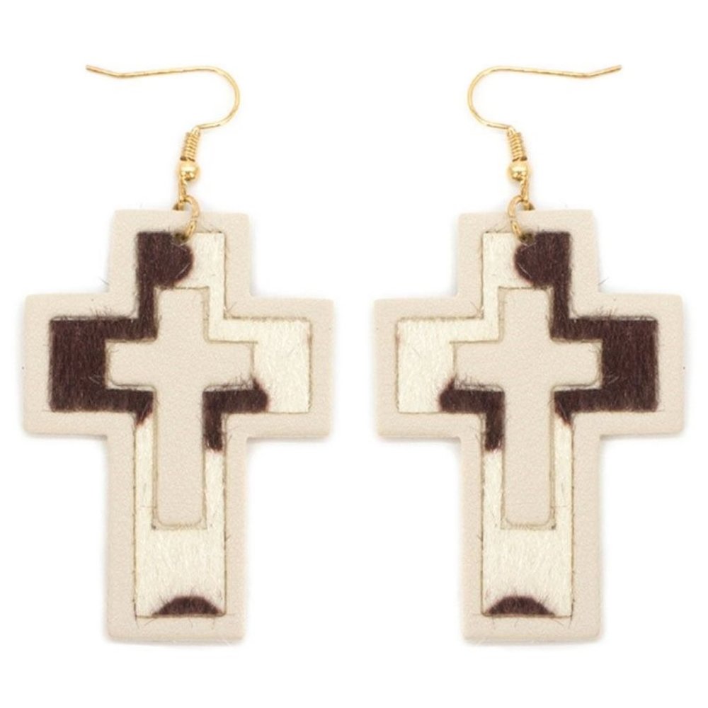 IVORY FAUX LEATHER CROSS EARRINGS